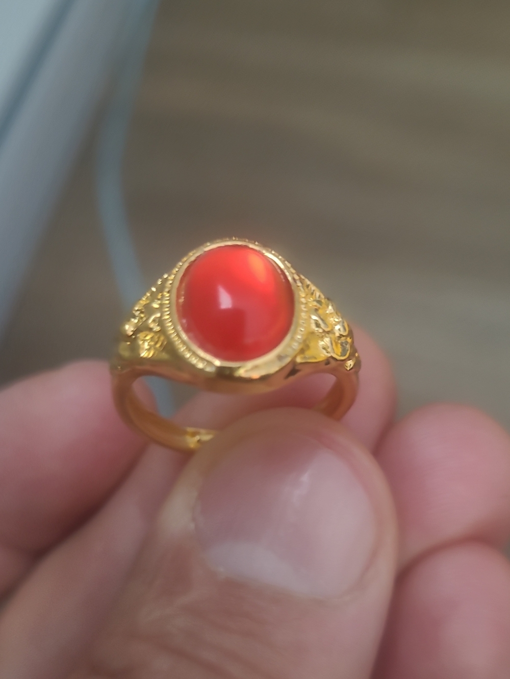 Gold-Plated Ring with Red Cabochon Center
